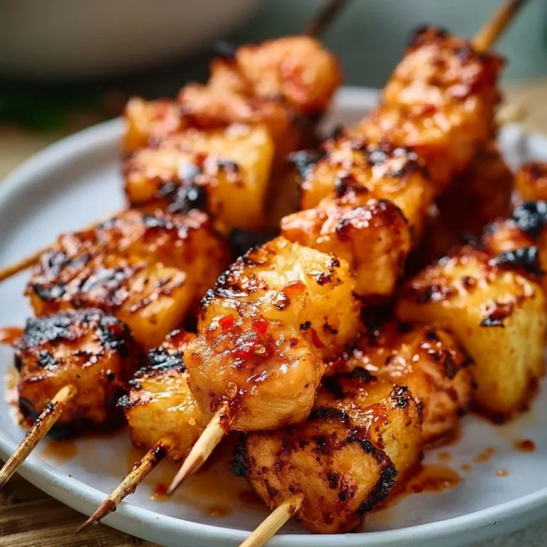 Gegrillte Hähnchen-Ananas-Spieße mit Honig-Chili-Glasur auf einem Grill.
