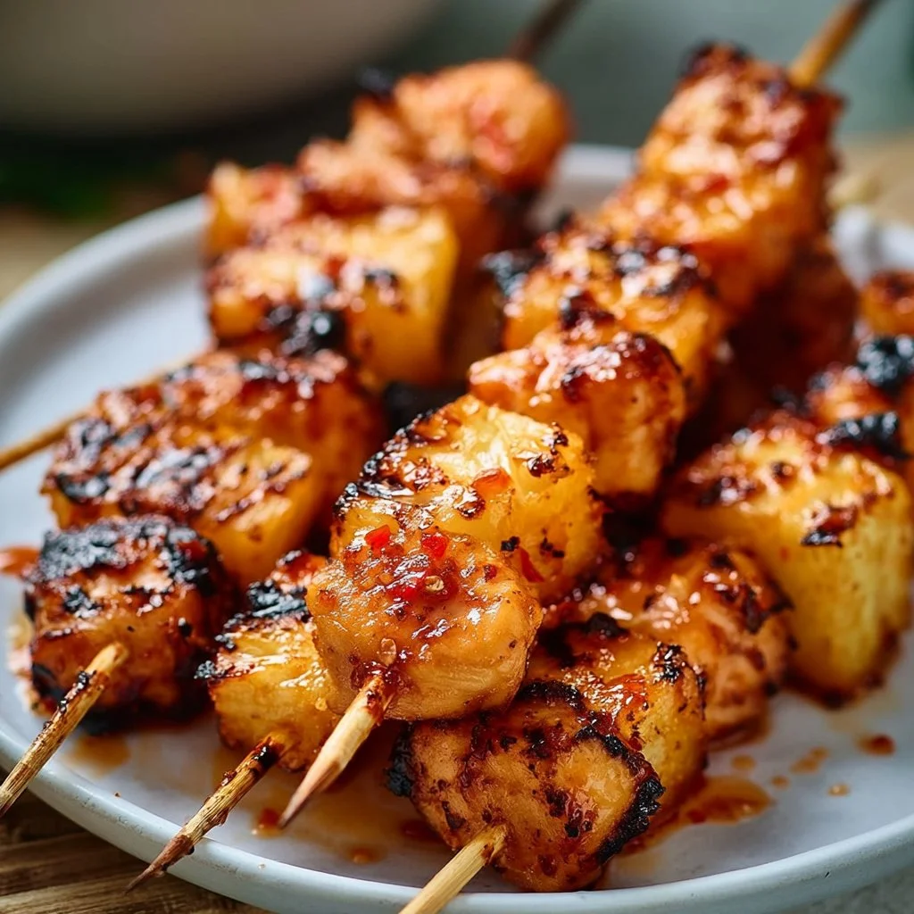 Gegrillte Hähnchen-Ananas-Spieße mit Honig-Chili-Glasur auf einem Grill.