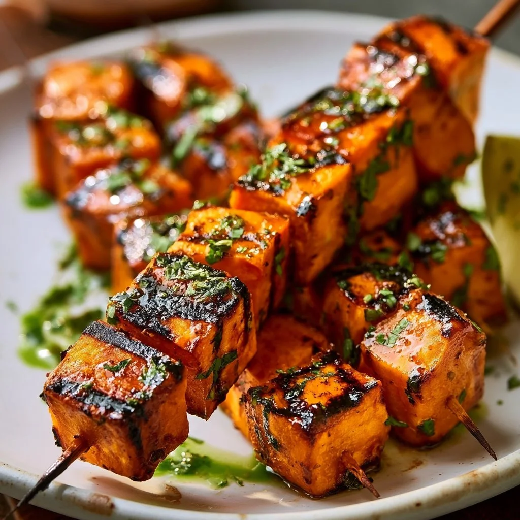 Gegrillte Süßkartoffel-Spieße auf einem Grill platter
