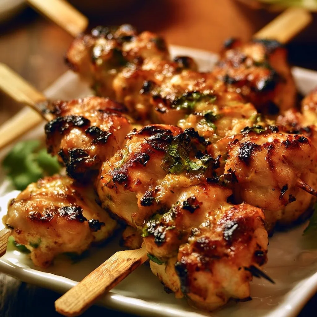 Gegrillte Thai-Kokosnuss-Hähnchenspieße auf einem Grill mit frischen Zutaten.
