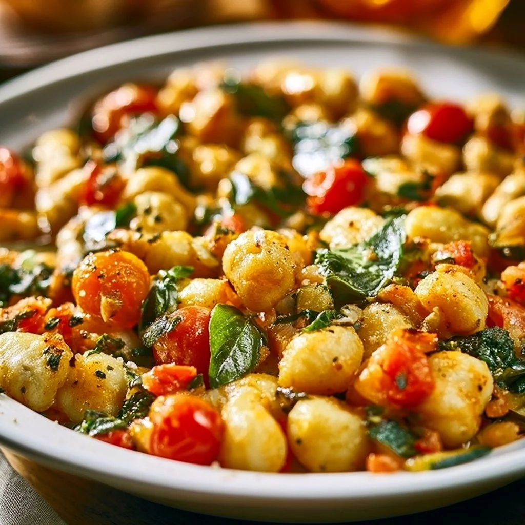 Gnocchi-Gemüse-Pfanne mit buntem Gemüse und Kräutern auf einem Teller