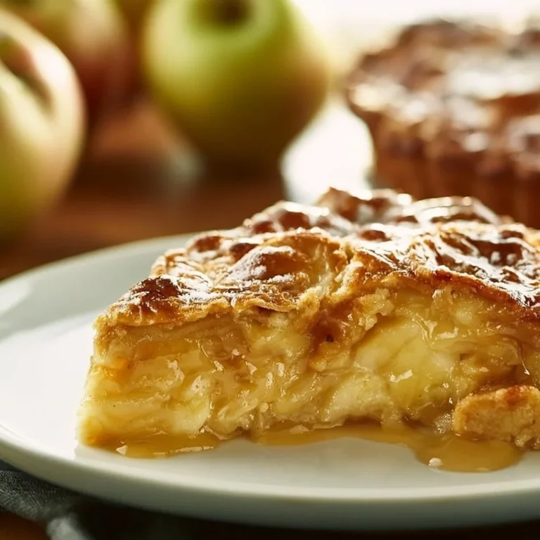 Großmutters Apfelkuchen mit frischen Äpfeln und Zimt, präsentiert auf einem Holztablett.