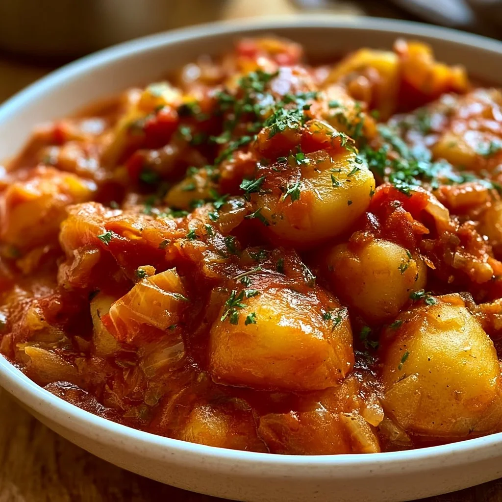 Schale mit herzhaftem veganem Kartoffelgulasch, frisch zubereitet.