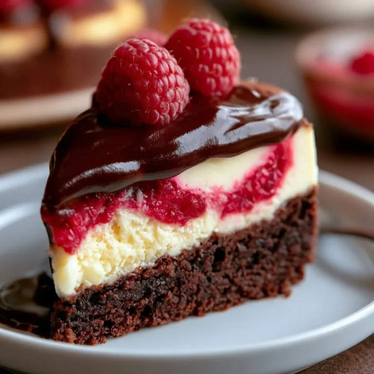 Himbeer-Brownie-Cheesecake auf einem Teller, dekoriert mit frischen Himbeeren