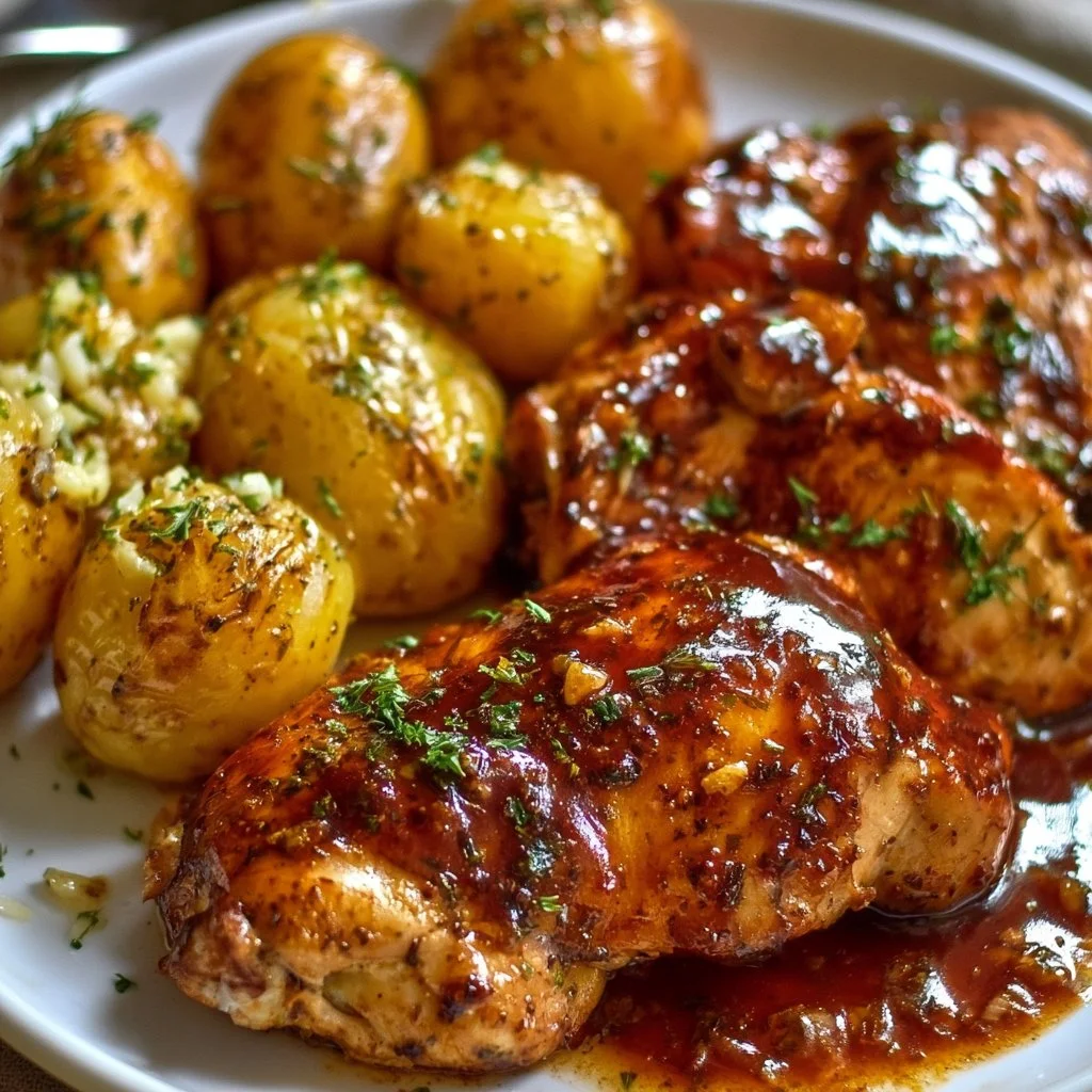 Honig-BBQ-Hähnchen mit Knoblauch-Parmesan-Kartoffeln auf einem Grillteller