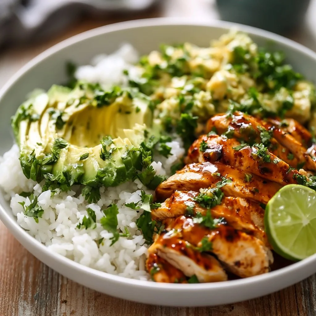 Honig-Limetten-Hühnchen mit Avocado-Reis-Bowl auf einem Teller.