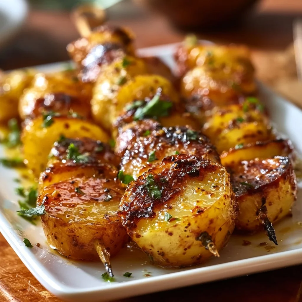 Leckere Honig-Senf Kartoffelspieße aus gegrillten Kartoffeln
