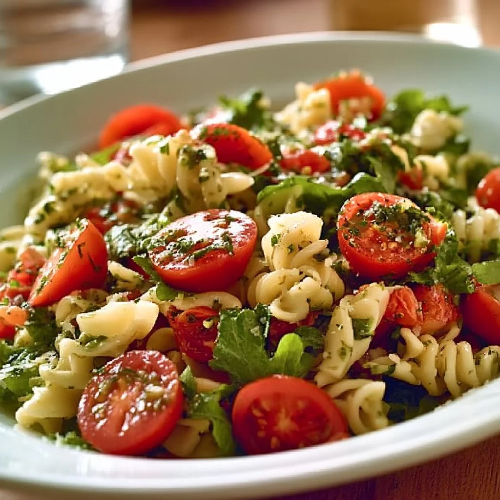 Italienischer Nudelsalat mit frischen Zutaten und aromatischen Gewürzen.