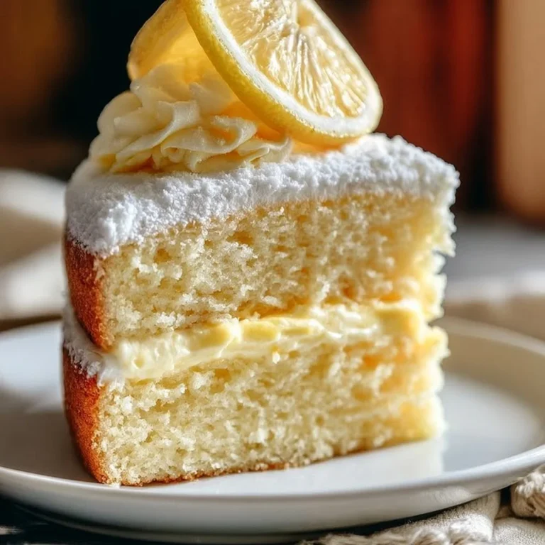 Italienischer Zitronencreme Kuchen auf einem Teller, verziert mit Zitronenscheiben.