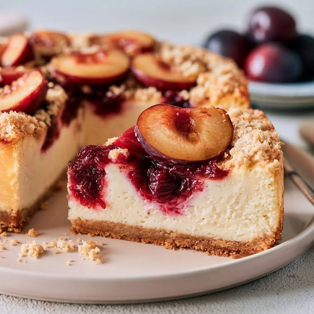 Käsekuchen mit Zwetschgen auf einem Teller serviert