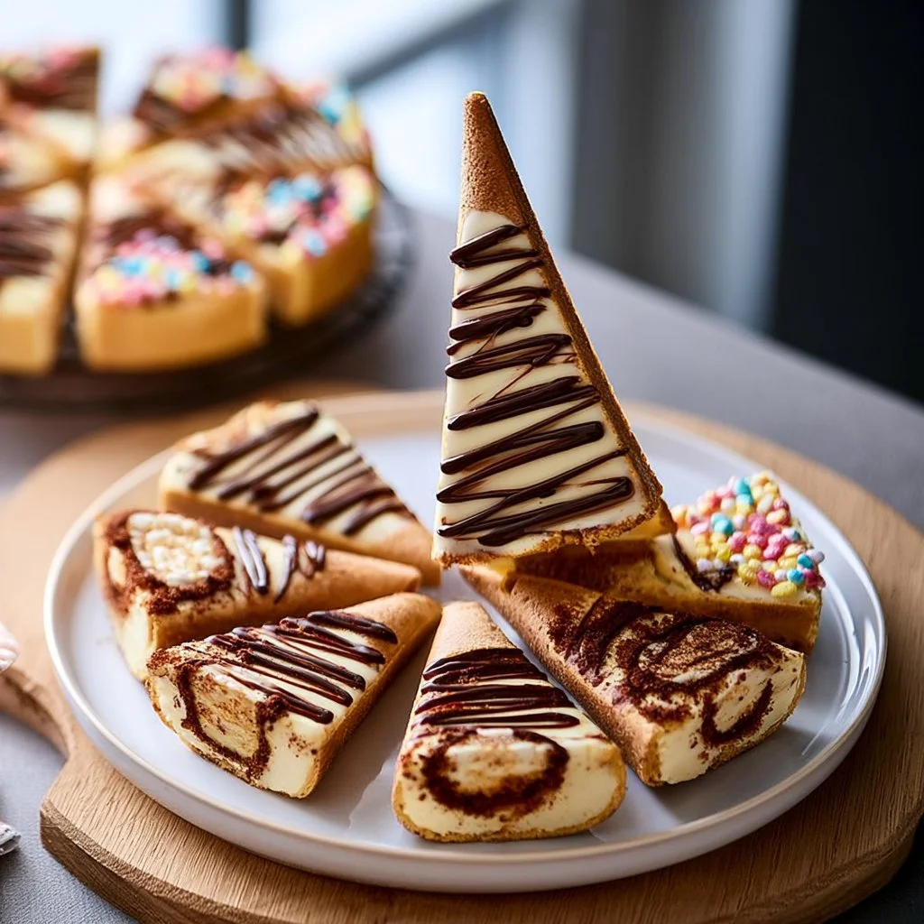 Käsekuchenstäbchen in Schultütenform auf einem Teller serviert