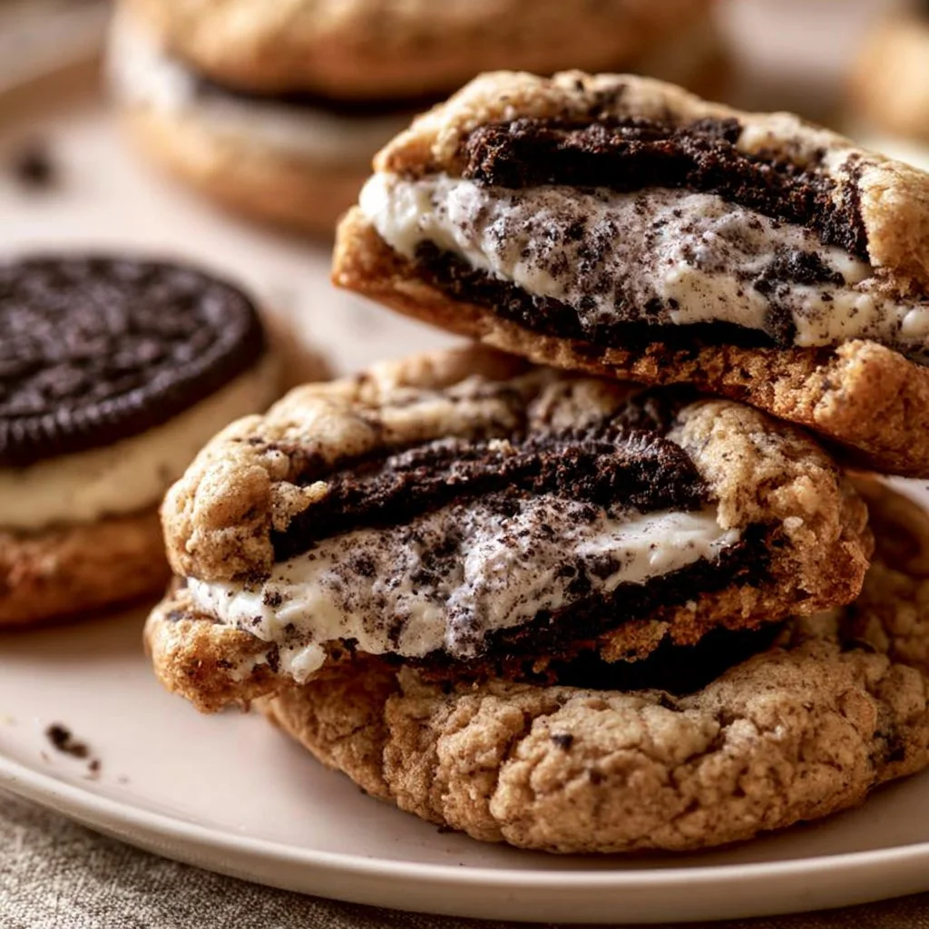 Kekse mit Oreos und Cheesecake-Füllung auf einem Teller