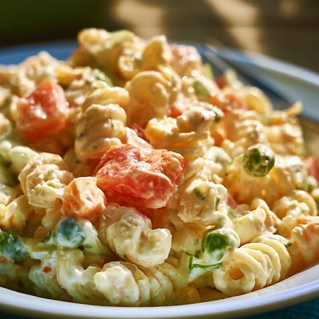 Leckerer Kinder Nudelsalat mit Frischkäse in einer bunten Schüssel