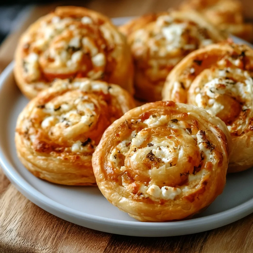 Knusprige Blätterteig-Feta-Schnecken auf einem Teller serviert, ideal für Snacks.