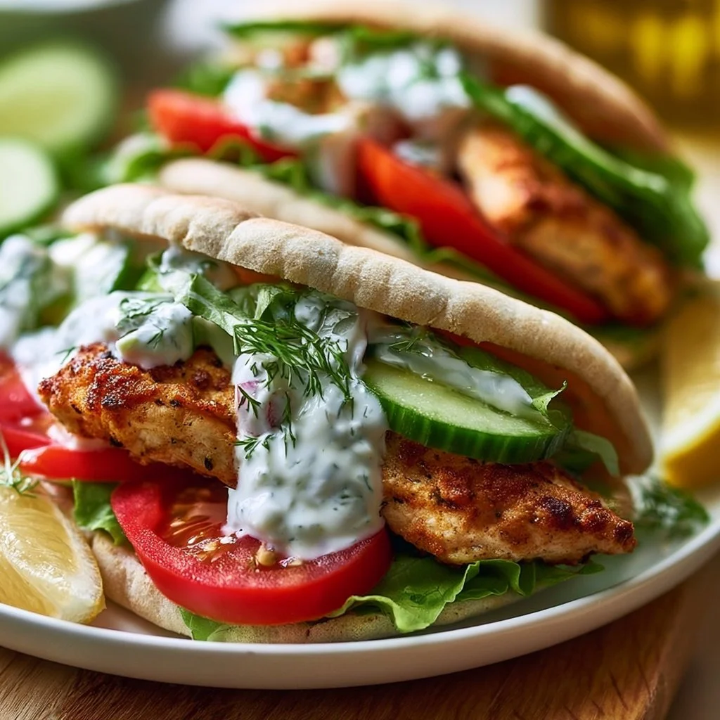 Knusprige Hähnchen-Pitas serviert mit Tzatziki-Dip auf einem Teller