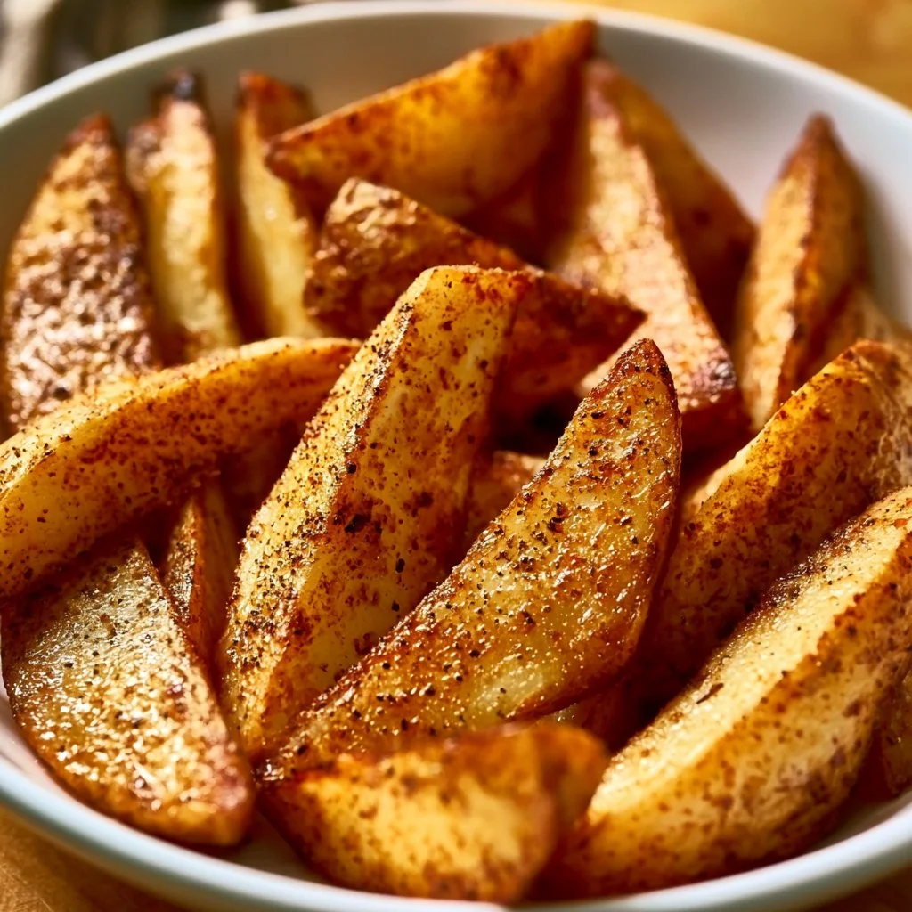 Knusprige Kartoffelspalten aus dem Ofen, goldbraun und lecker angerichtet.