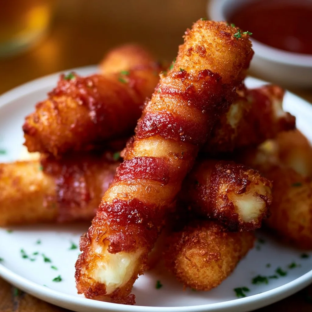Knusprige Rindfleisch-Bacon-Mozzarella-Sticks auf einem Teller serviert