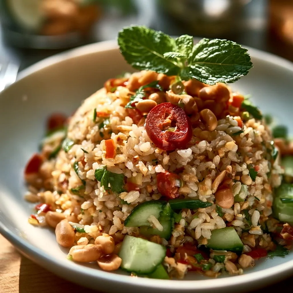 Knuspriger Erdnuss-Chili-Reissalat mit frischen Zutaten und Chili-Gewürzen