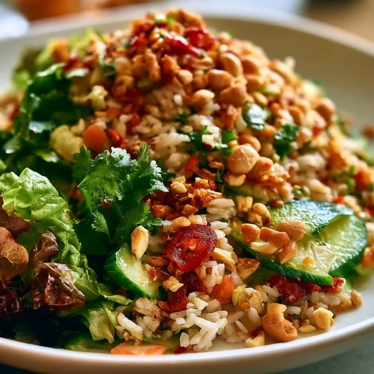 Knuspriger Erdnuss-Chili-Reissalat mit frischen Zutaten und Gewürzen