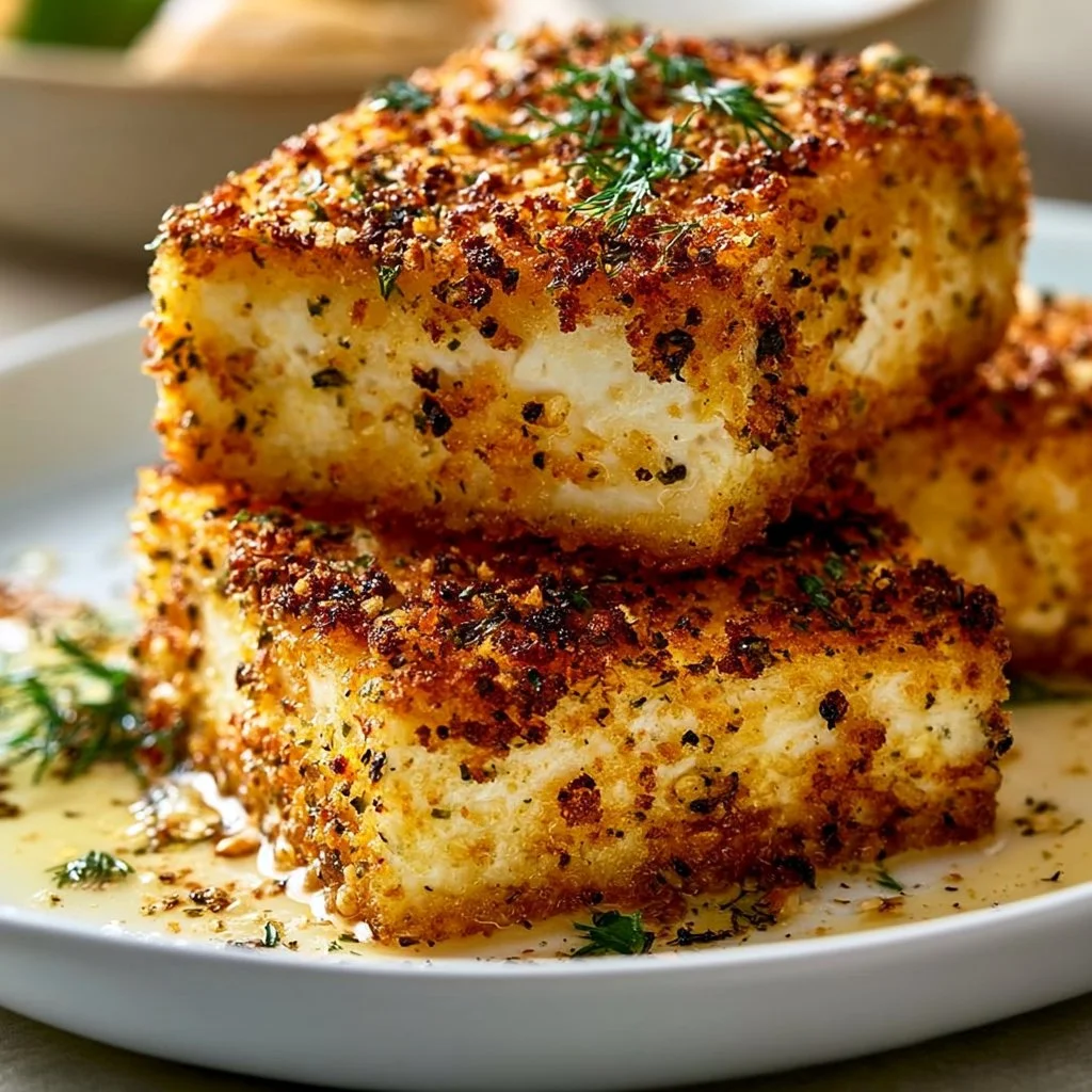 Knuspriger Feta aus dem Airfryer serviert auf einem Teller