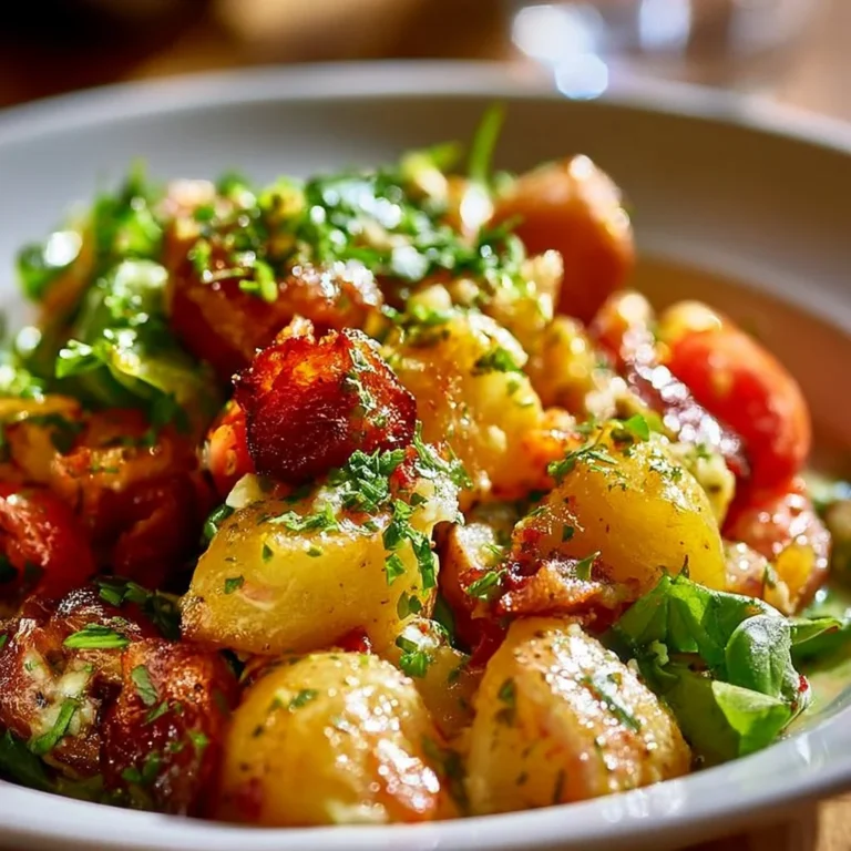 Knuspriger Kartoffelsalat mit frischen Zutaten und knusprigen Kartoffeln