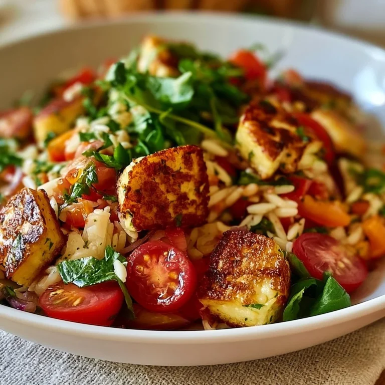 Kritharaki-Salat mit knusprigen Halloumi-Croutons auf einem Teller