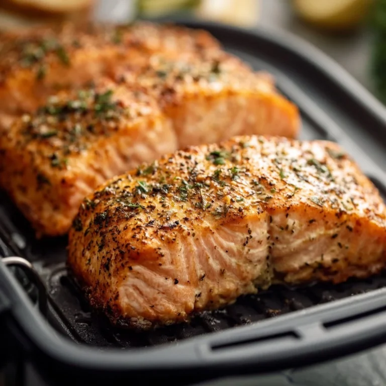 Lachs im Airfryer zubereitet, goldbraun und knusprig auf einem Teller.