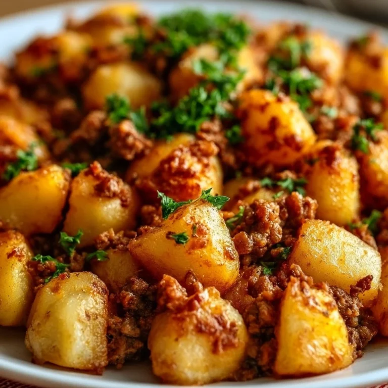 Leckere Kartoffelpfanne mit Hackfleisch auf einem Teller serviert