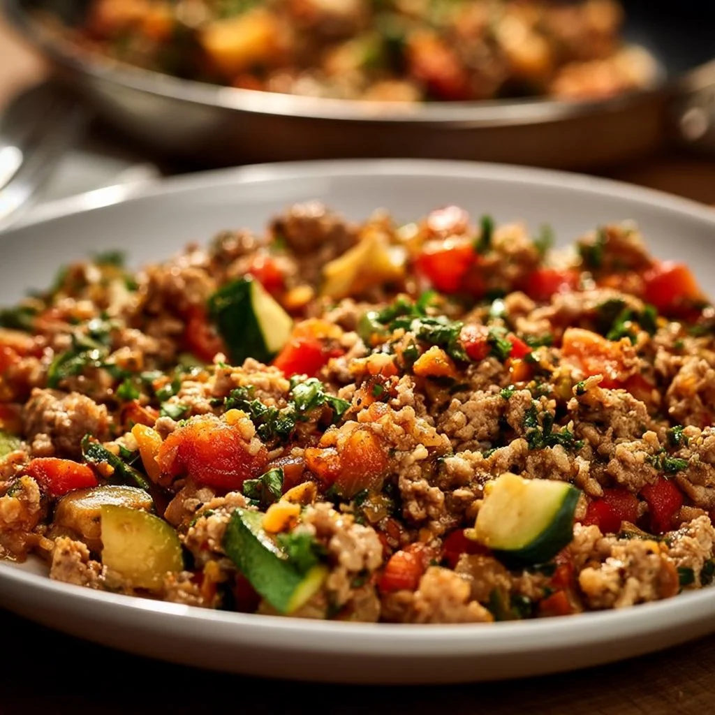 Leckere Low Carb Hackfleisch-Gemüse-Pfanne auf einem Teller serviert.