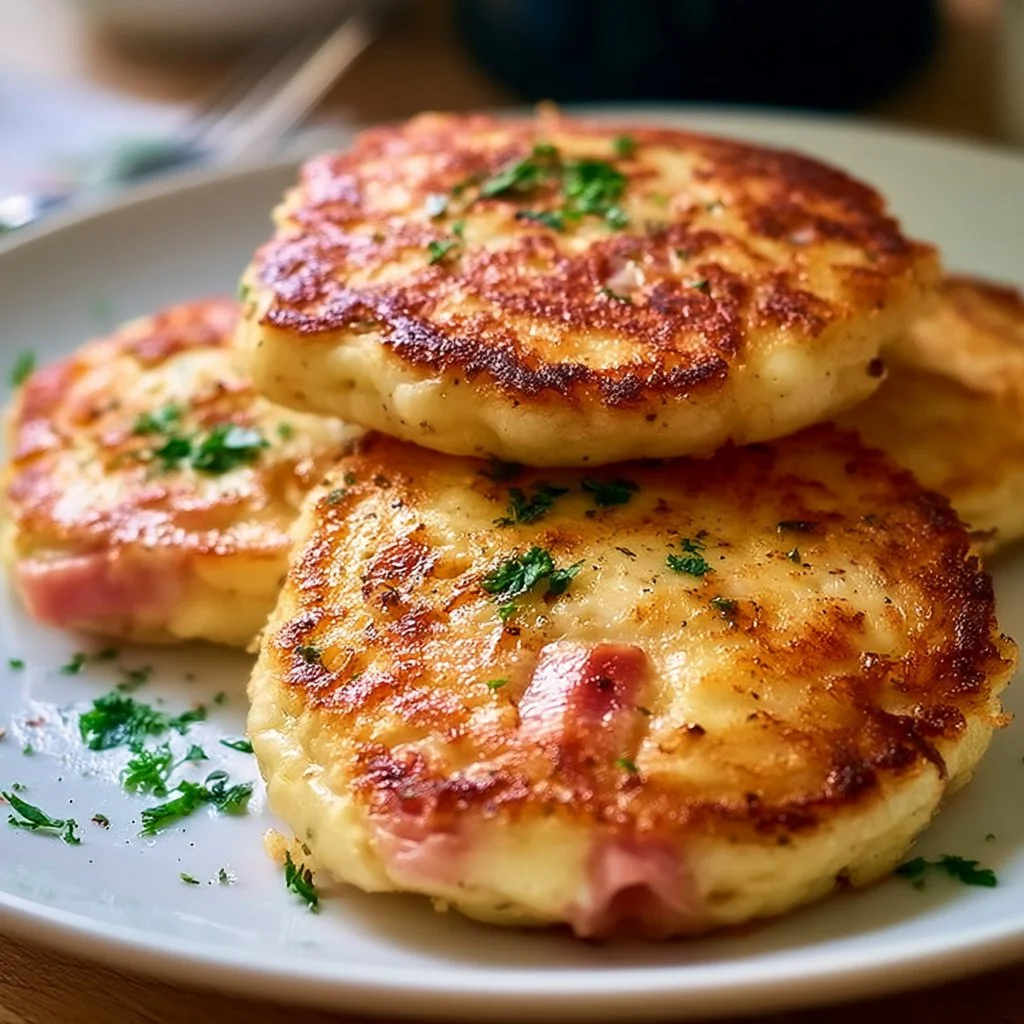 Leckere Low Carb Schinken-Mozzarella-Pfannkuchen auf einem Teller angerichtet.