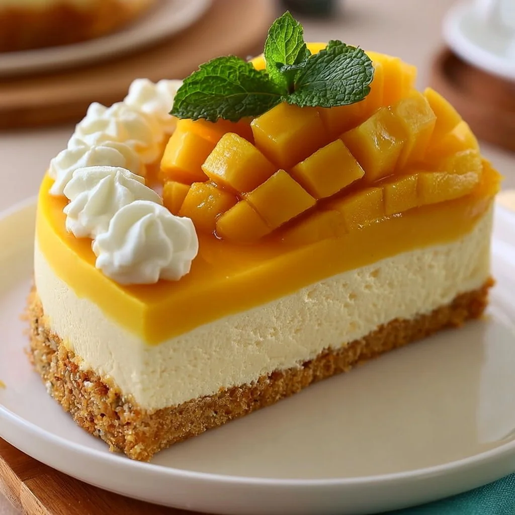 Leckere Mango-Mousse-Torte mit frischen Mangostücken und Sahne