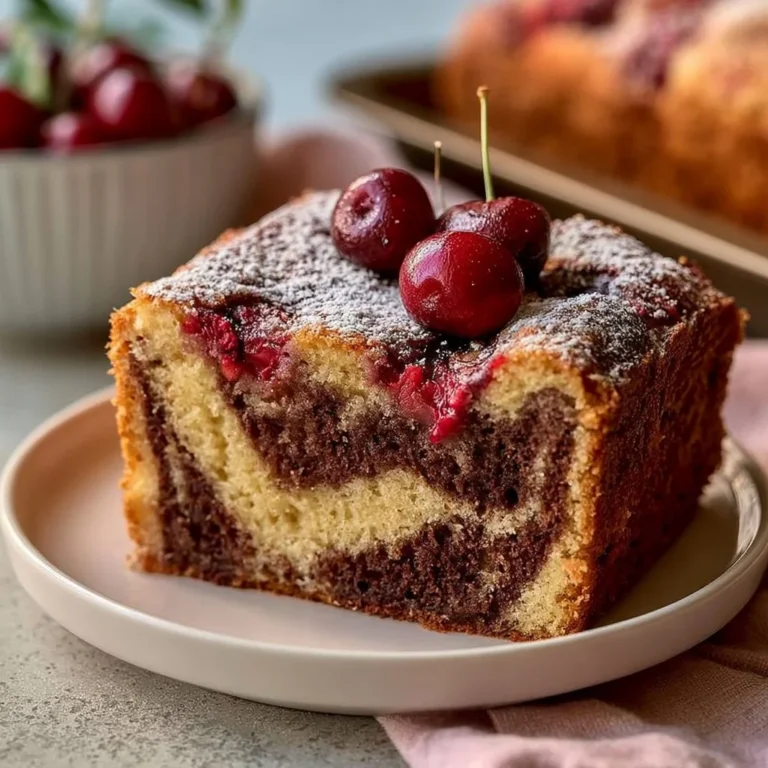 Marmorkuchen mit Kirschen vom Blech auf einem schönen Teller serviert.
