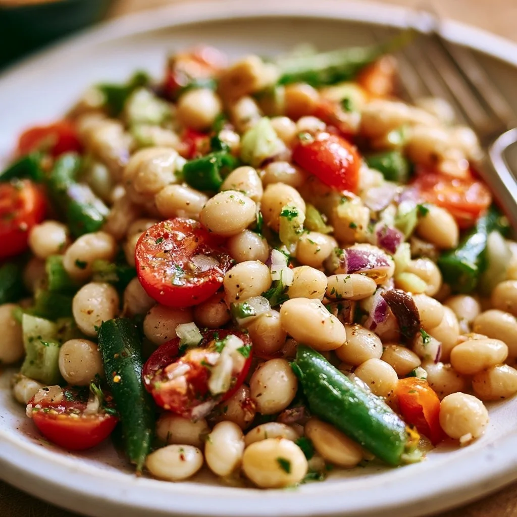 Mediterraner Bohnensalat mit bunten Bohnen und frischem Gemüse