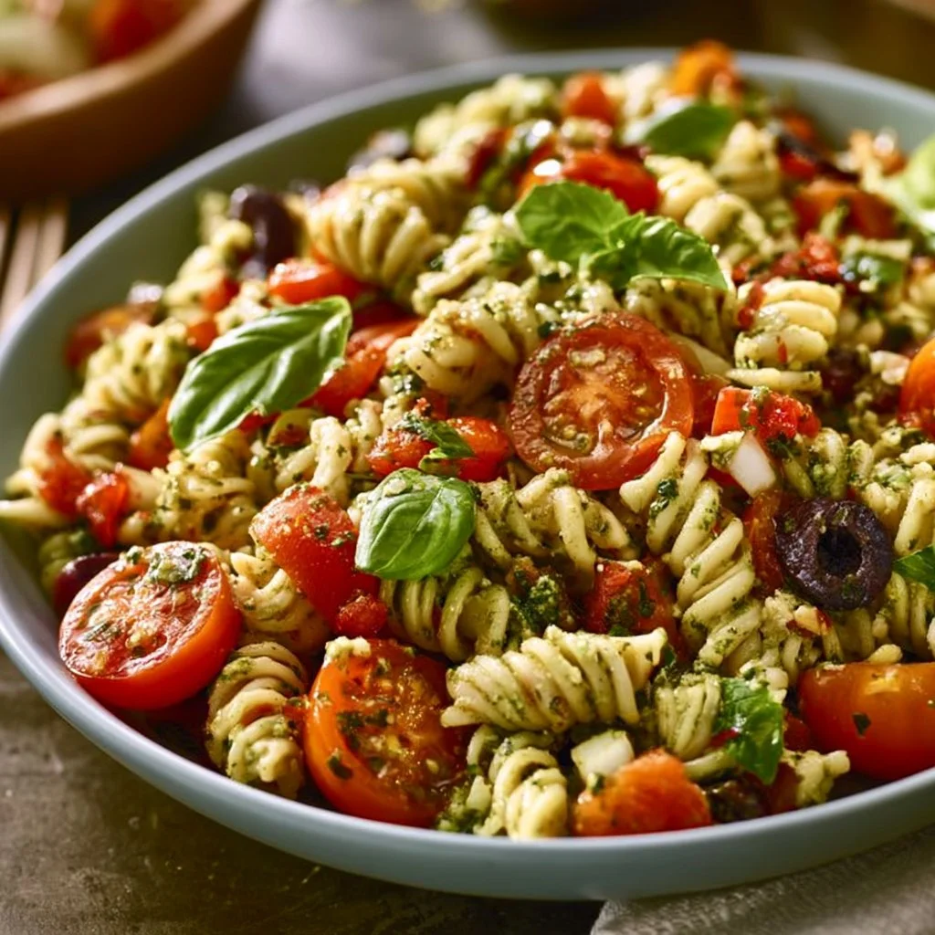 Mediterraner Nudelsalat mit Pesto und buntem Gemüse