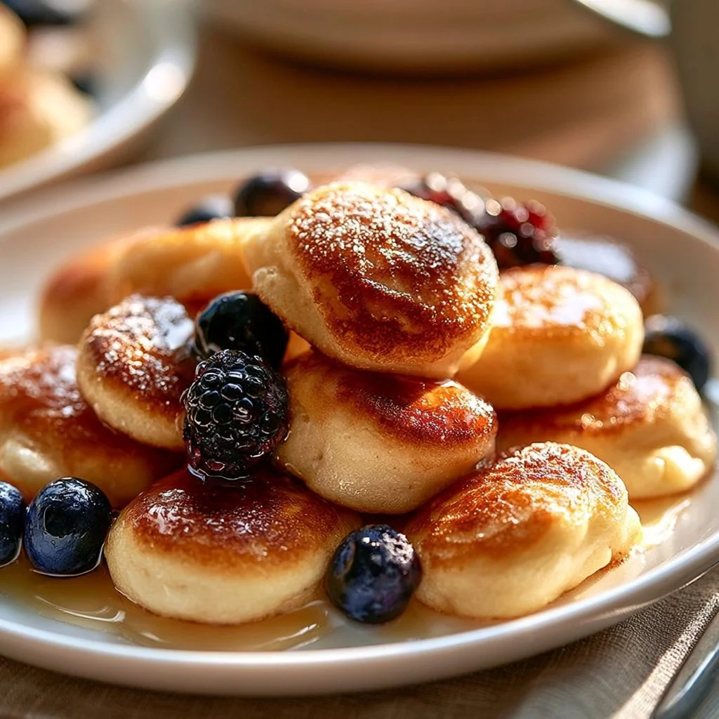 Leckere Mini-Pfannkuchen-Bällchen auf einem Teller serviert