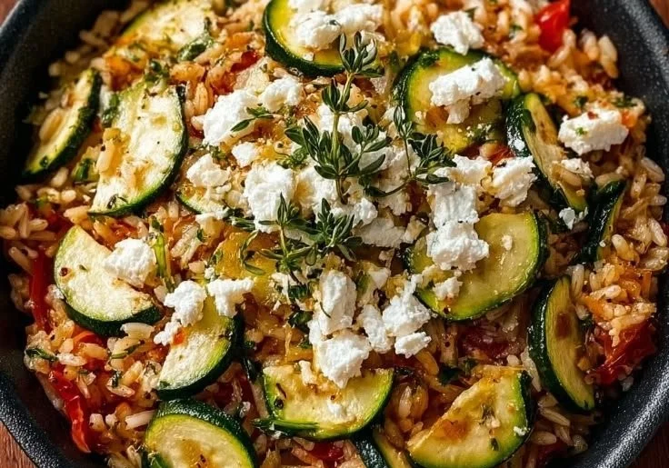 Mittelmeer-Zucchini-Reis-Pfanne mit Feta auf einem Teller