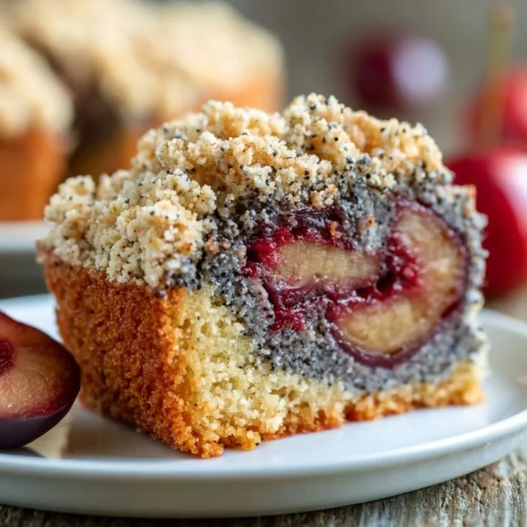 Mohn-Pflaumenkuchen mit dicken Streuseln auf einem Teller serviert