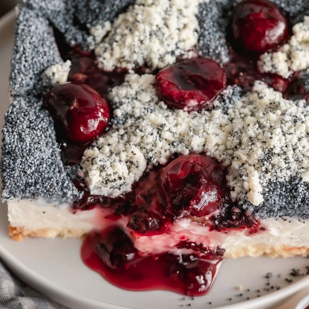 Mohn-Quark-Kirschtorte mit Kirschbelag und Mohnschicht