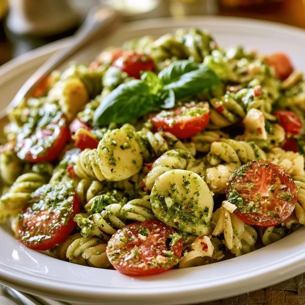 Nudelsalat mit Pesto in einer Schüssel angerichtet