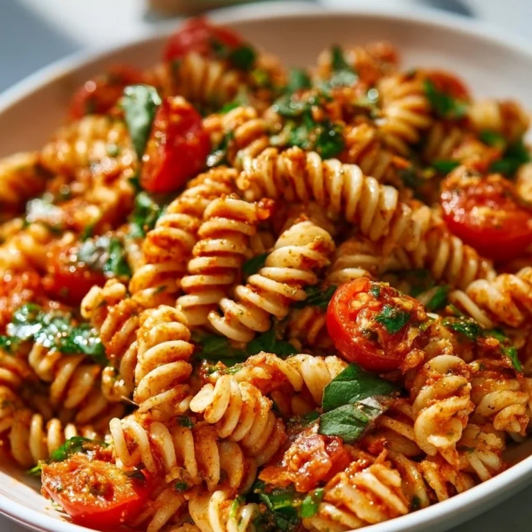 Nudelsalat mit rotem Pesto in einer Schüssel serviert