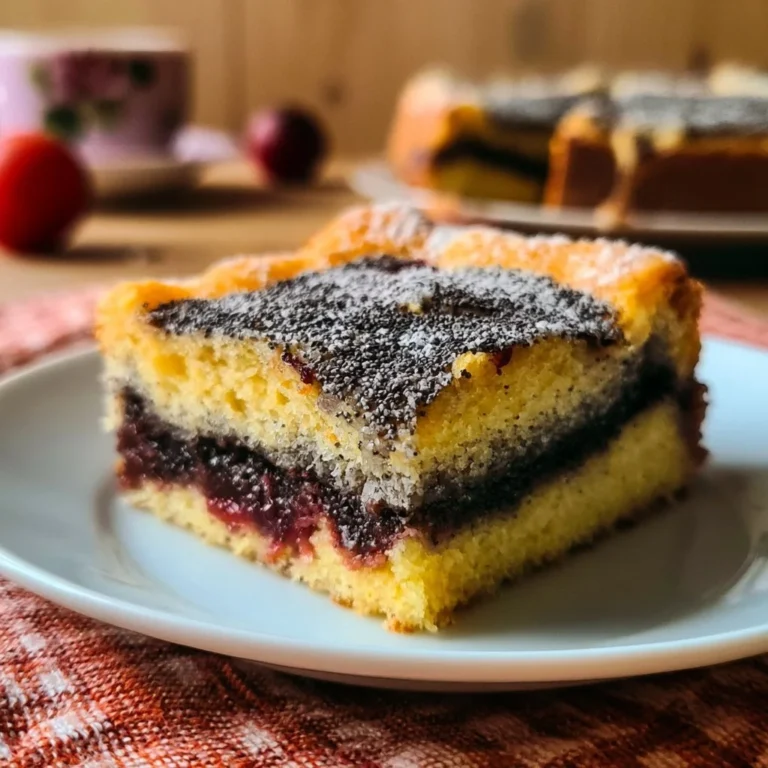 Omas leckerer Pflaumen-Mohn-Kuchen frisch gebacken auf einem Teller.