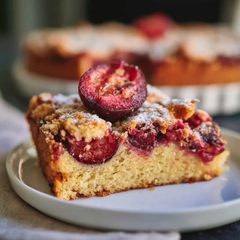 Omas Pflaumenkuchen mit Streusel auf einem Kuchenteller dekoriert