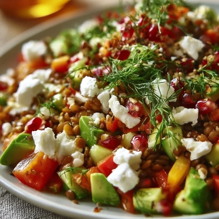 Orientalischer Linsensalat mit Feta, Avocado und Paprika serviert auf einem Teller