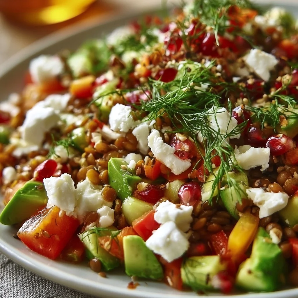 Orientalischer Linsensalat mit Feta, Avocado und Paprika serviert auf einem Teller