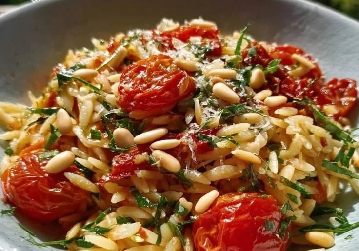 Orzo-Salat mit frischen Tomaten und gerösteten Pinienkernen auf einem Teller.