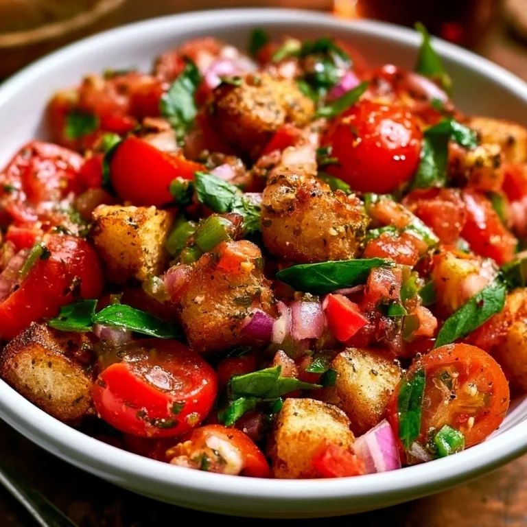 Panzanella - italienischer Brotsalat mit frischem Gemüse und Vinaigrette