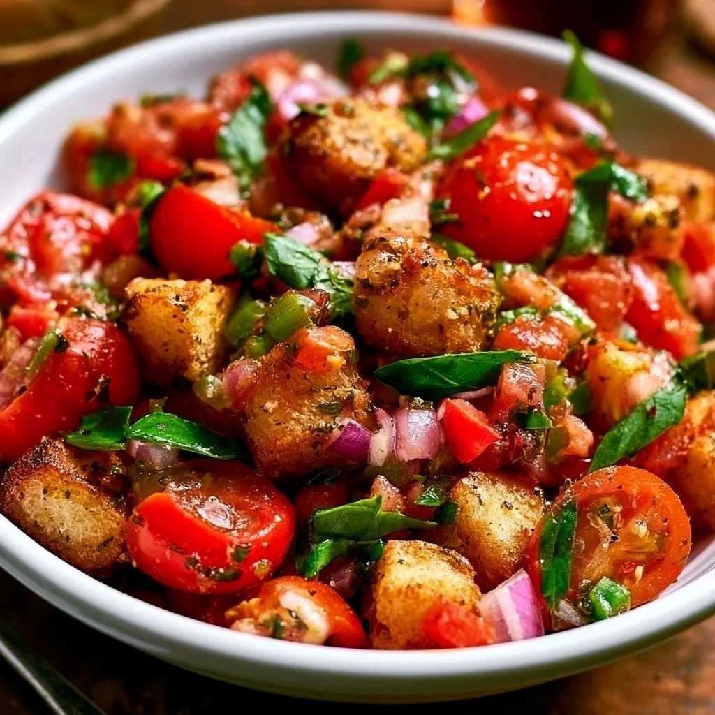 Panzanella - italienischer Brotsalat mit frischem Gemüse und Vinaigrette