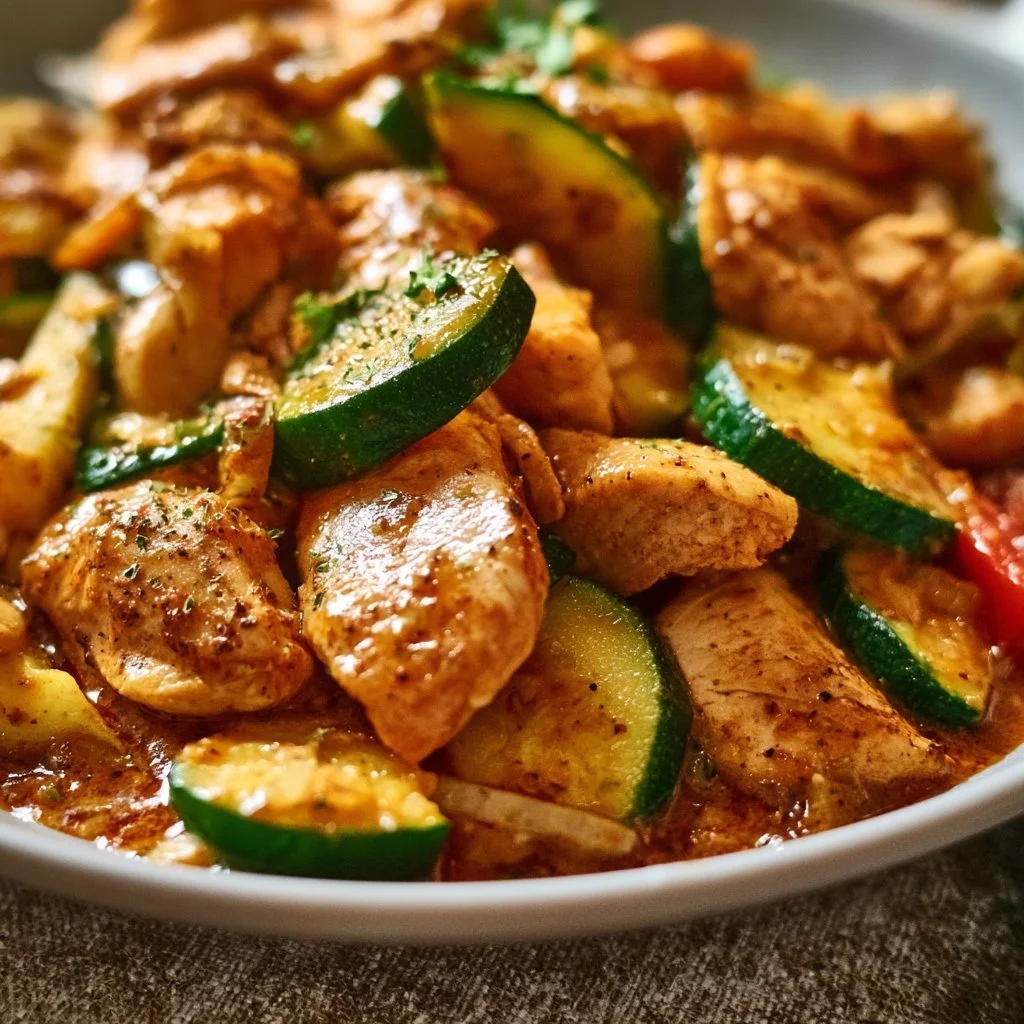 Paprika-Zucchini-Hähnchen auf einem Teller, sichtlich frisch und gesund zubereitet.