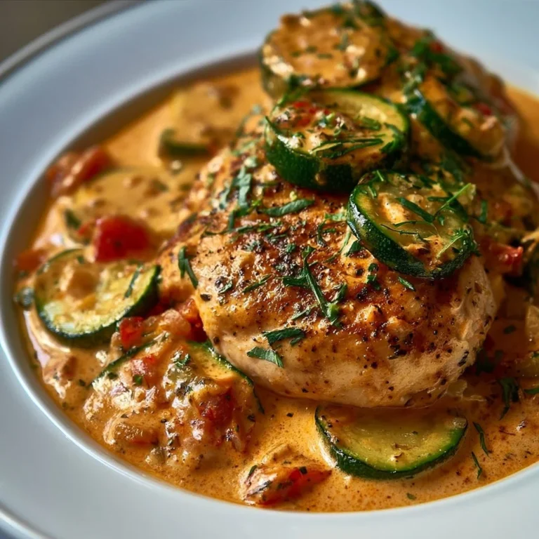 Paprika Zucchini Sahne Hähnchen auf einem Teller serviert