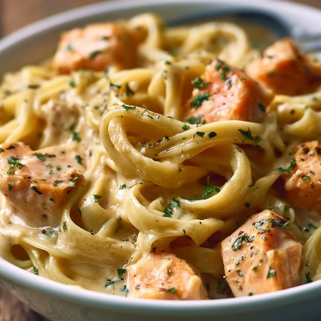 Pasta mit Lachs und Sahnesauce auf einem Teller serviert.